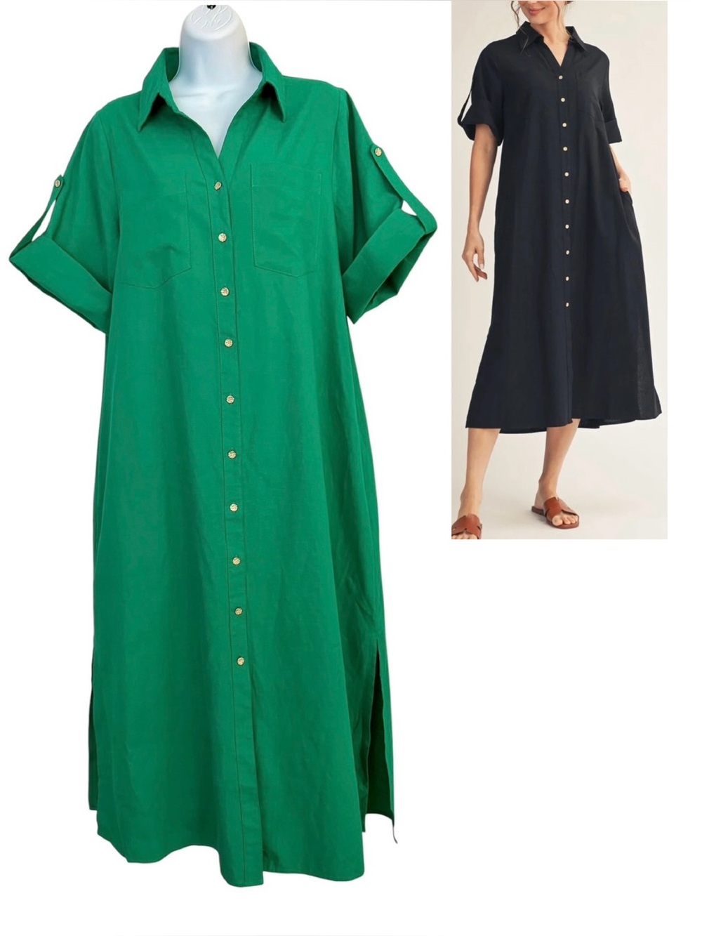 JODIFL Green Woven Midi Shirt Dress Size Small Cotton Button Down Short Sleeves